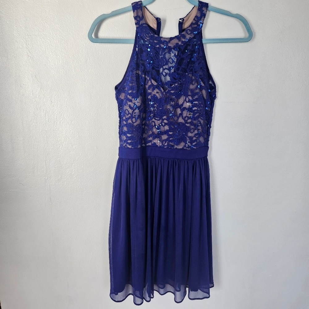 Royal Blue Lace Sequin Halter Neck Fit‎ Flare Dress Party Occasion size 3/4 - Picture 13 of 13